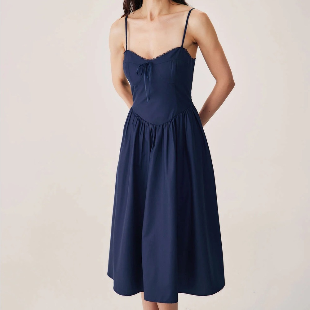 Rihoas Navy Shirred Slip Midi Dress